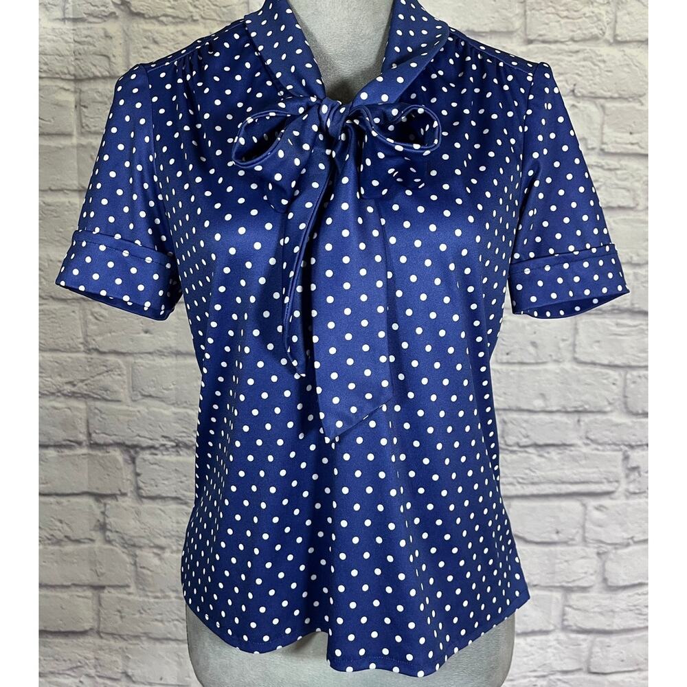 Vintage 70's Amy-Deb Adorable Blue & White Polka Dot Neck Bow Blouse